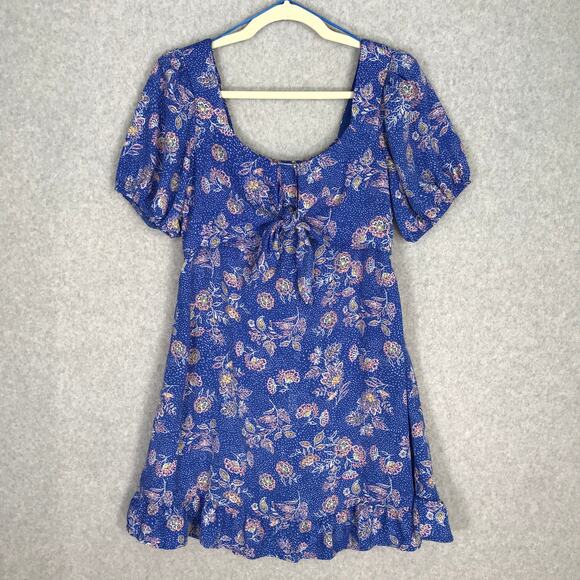 Sienna Sky Womens Dress Medium Blue Floral Ruffle Tie Rodeo Twee Coastal Cottage - Picture 1 of 12